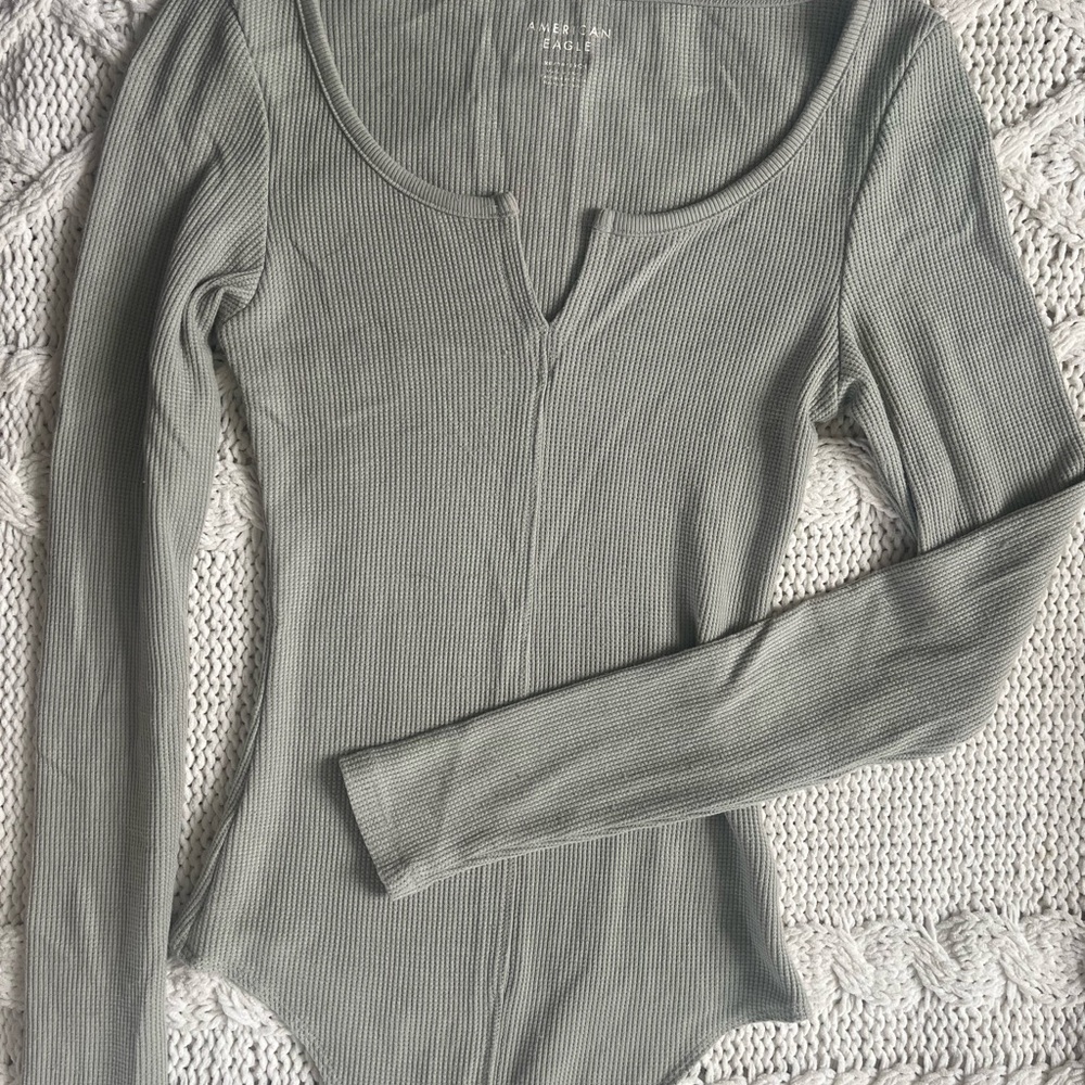 American Eagle Outfitters Ribbed Long Sleeve Bodysuit - Light Sage Green